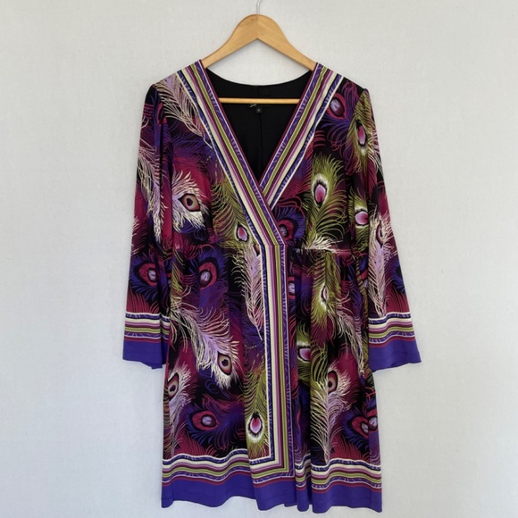 Oleg Cassini Long Sleeve Faux Wrap Dress Peacock Feathers Size 12 - Picture 6 of 6